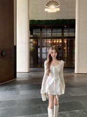 Photographed Designer Long-Sleeve Lace Fleece Drawstring Slimming Dress 2024 Autumn