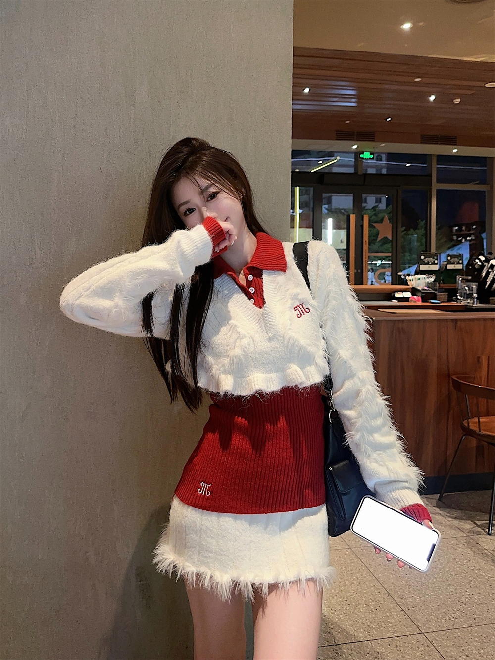 Photographed~ College Style Short-Sleeve Sweater Autumn High-End Charming Jacket Top Knit Pinstripe Short Skirt Pants