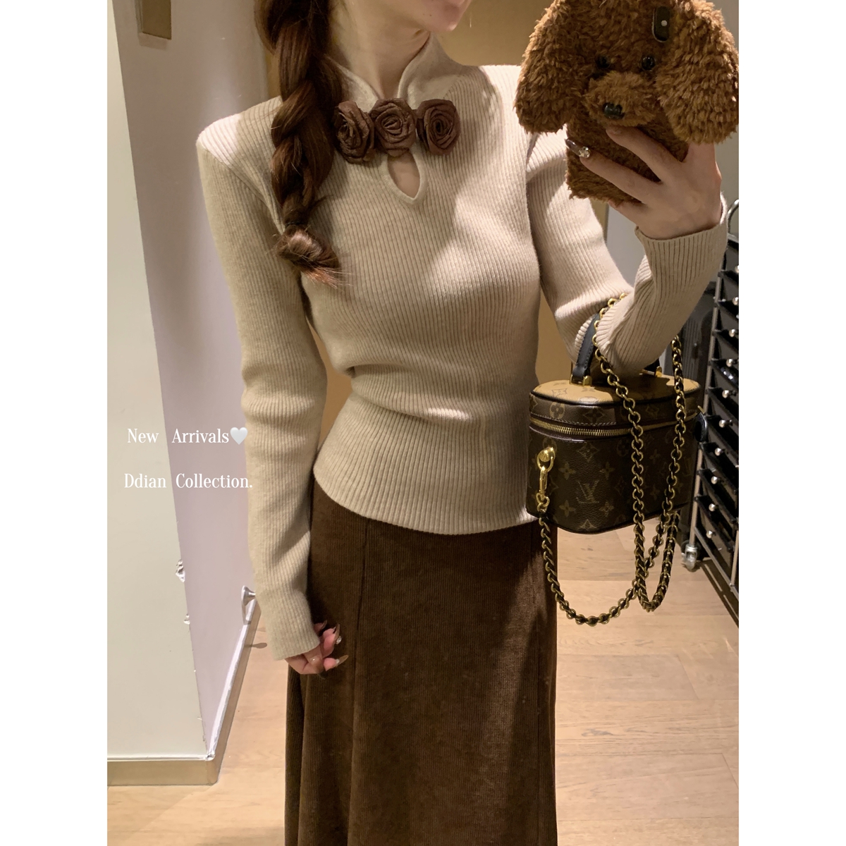 Actual shot of autumn and winter Korean style half-high collar gentle flower design Andy velvet sweater bottoming long-sleeved sweater