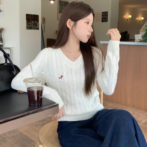 Actual shot of milky white V-neck slim fit puppy jacquard sweater top for women, high-end pullover with inner sweater