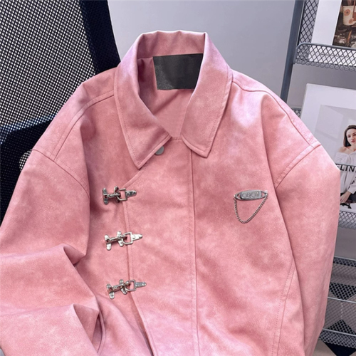 Leather lined American retro metal buckle lapel windbreaker jacket for women spring and autumn coat