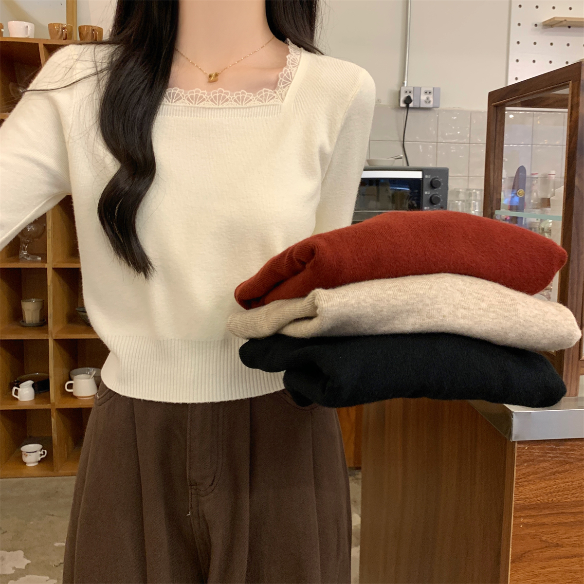 Real shot of autumn and winter Korean style square collar lace splicing design Andy velvet sweater bottoming long-sleeved sweater for women