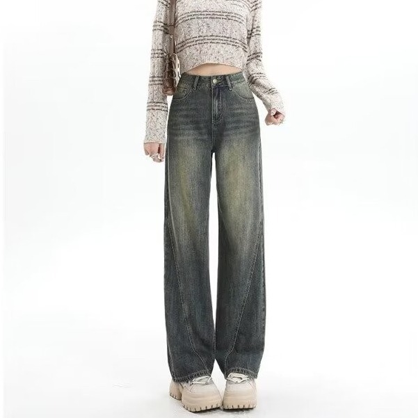 Template American washed retro high-waisted wide-leg straight floor-length jeans and trousers with extensions
