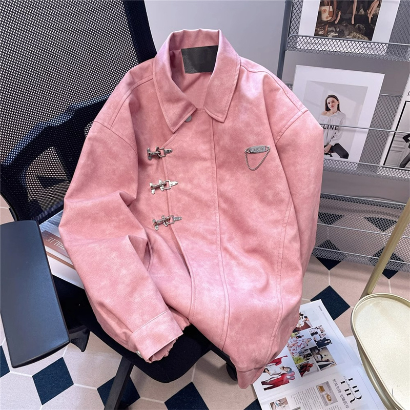 Leather lined American retro metal buckle lapel windbreaker jacket for women spring and autumn coat