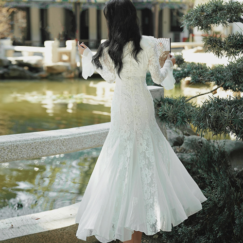 French V-neck lace long-sleeved women's dress 2024 autumn new women's fashion temperament waist-cinching fish-tail dress