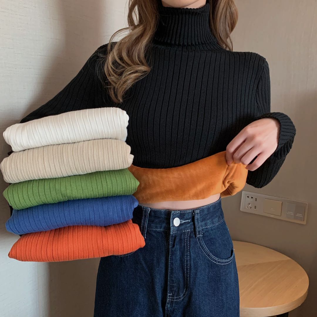 Actual shot of Korean style versatile turtleneck pullover sweater for women plus velvet and thickened slim-fitting bottoming top