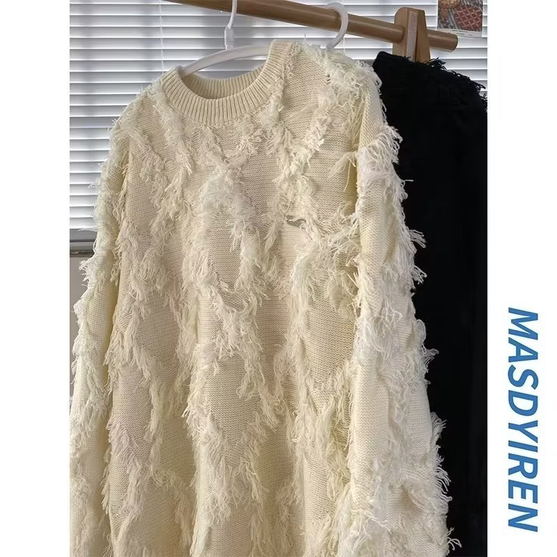 American retro lazy style niche design tassel sweater female couple bf loose student sweater