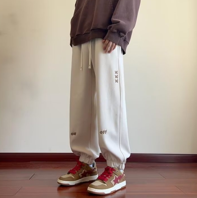 American retro embroidered sweatpants for men and women, trendy winter velvet thickened heavy-gauge sweatpants, high street casual trousers