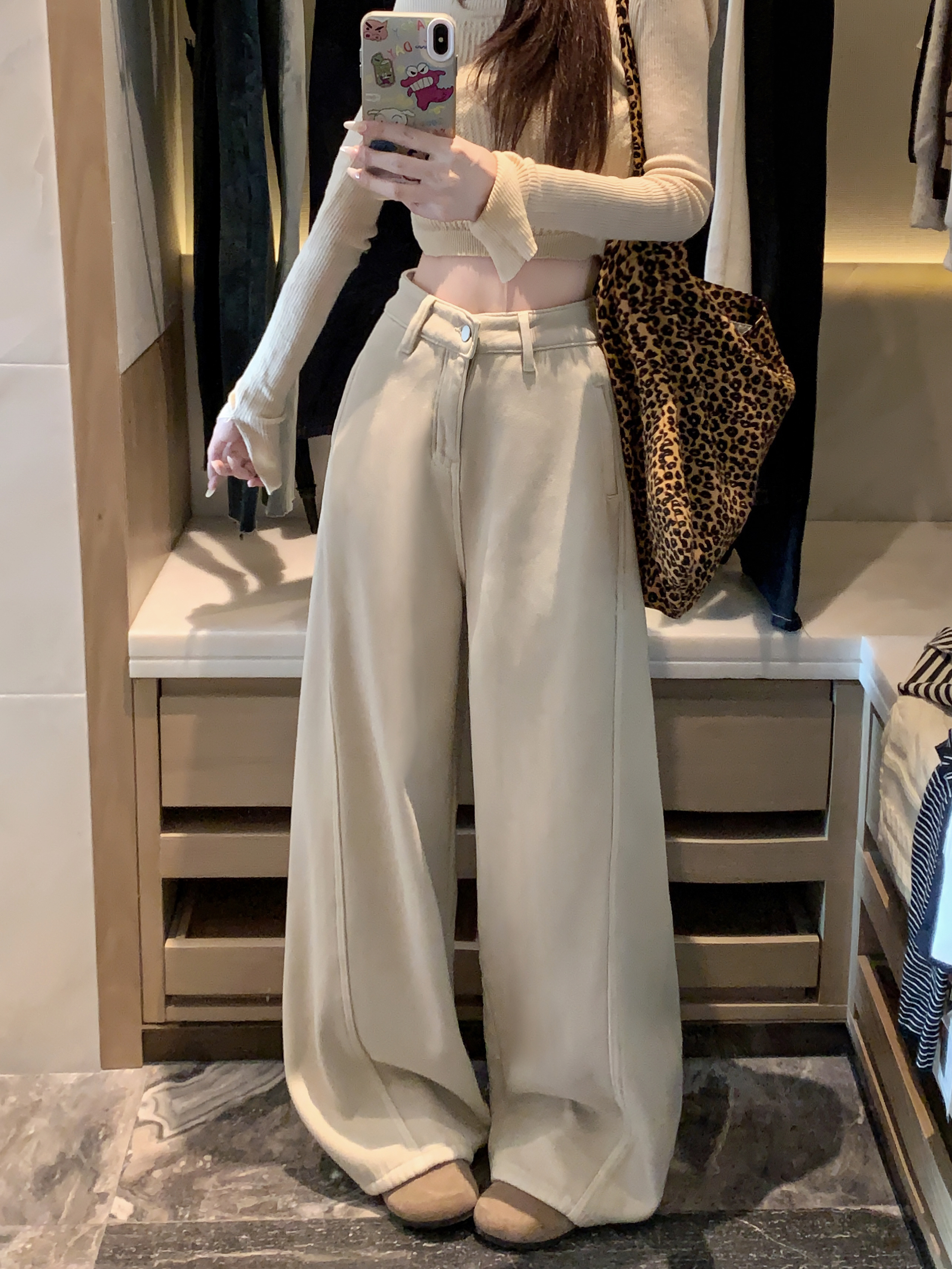 Photographed Winter New Denim Color Fleece Thick Wide Leg Jeans