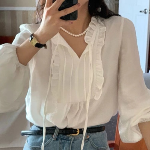 Korean chic autumn gentle temperament V-neck tie splicing wood ear design puff sleeve loose solid color shirt