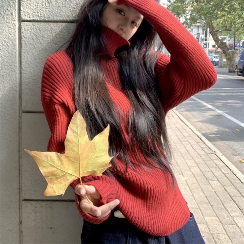 Actual shot~Autumn and winter Korean style loose turtleneck simple commuting casual versatile pit striped pullover bottoming sweater