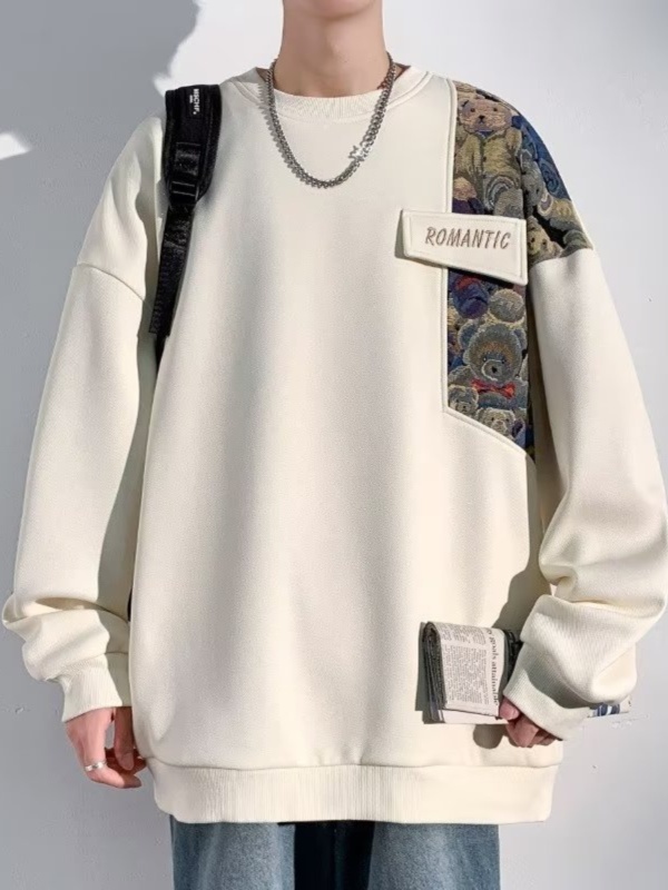 Chinese style bear embroidered patchwork sweatshirt for men in spring and autumn thin oversize loose long-sleeved round neck top