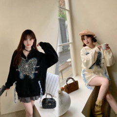 Autumn and winter high-end sweet and spicy design butterfly embroidery large size fat mm loose slimming sweatshirt jacket