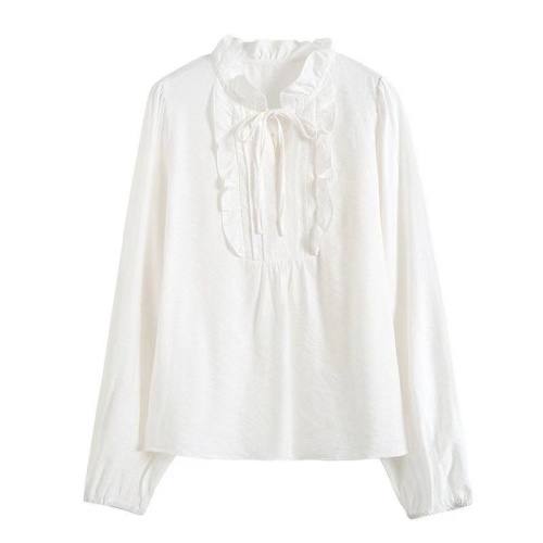 Korean chic autumn gentle temperament V-neck tie splicing wood ear design puff sleeve loose solid color shirt