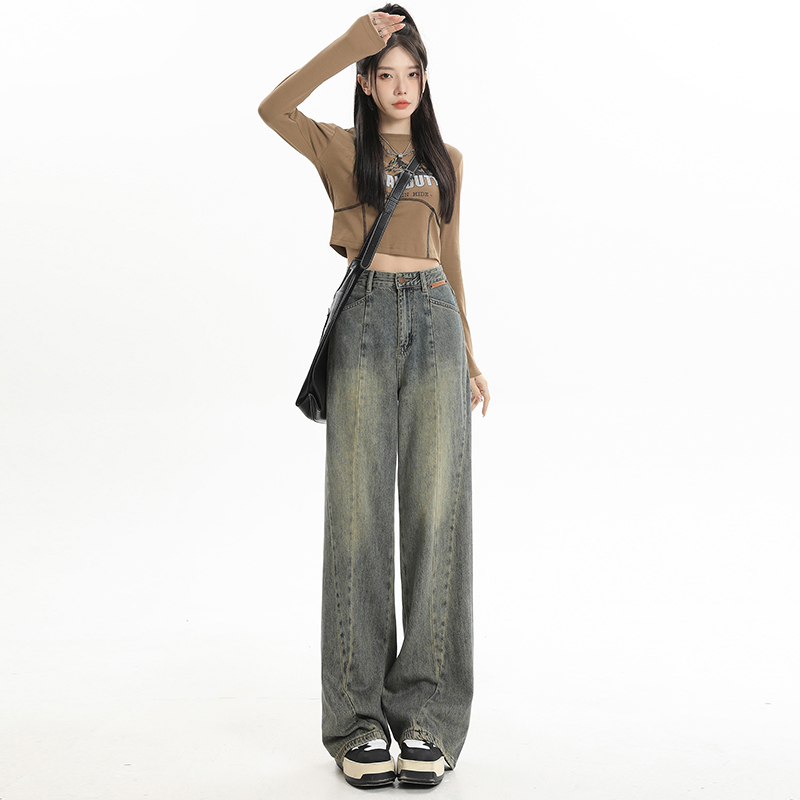Retro high street distressed jeans for women autumn new straight loose wide leg pants design niche floor mopping pants