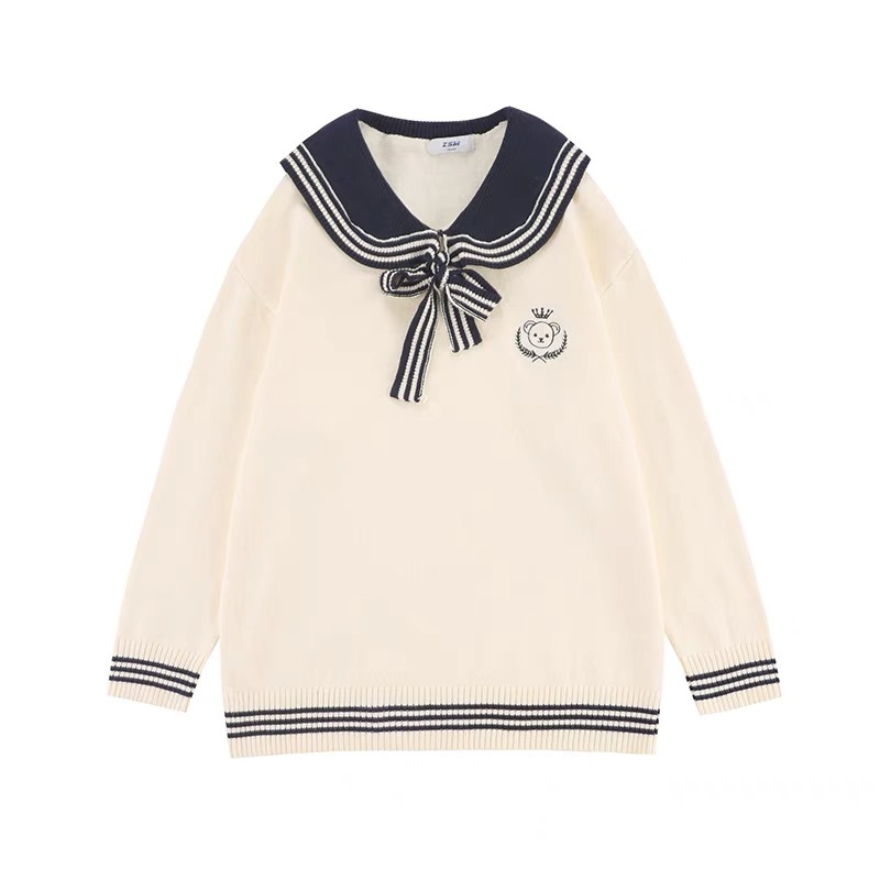 American Street Bear Embroidered Lapel Long Sleeve Sweater Women's Loose College Style Student Sweater Fashion
