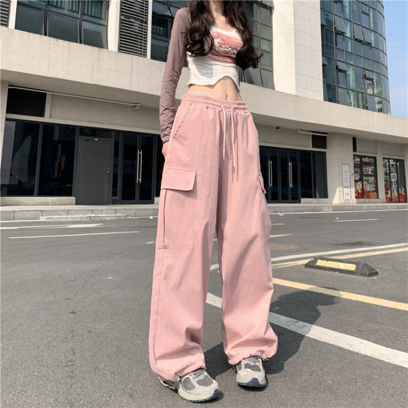 Large pocket American overalls for women in spring and summer high waist straight wide leg pants for women pink casual floor mopping pants