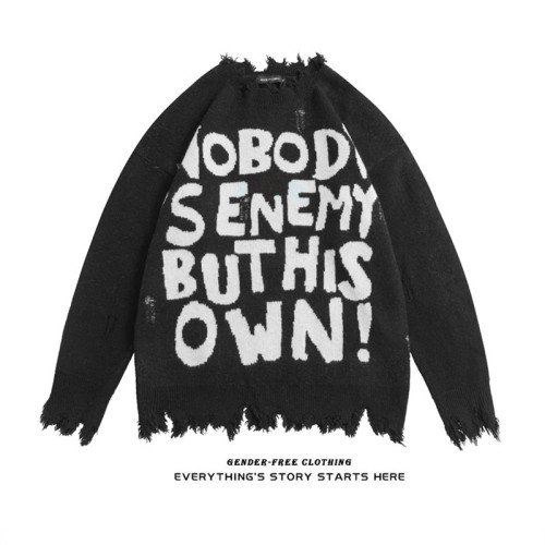 jerfuni ripped edges European and American high street letter sweater women's loose round neck bottoming sweater trendy brand