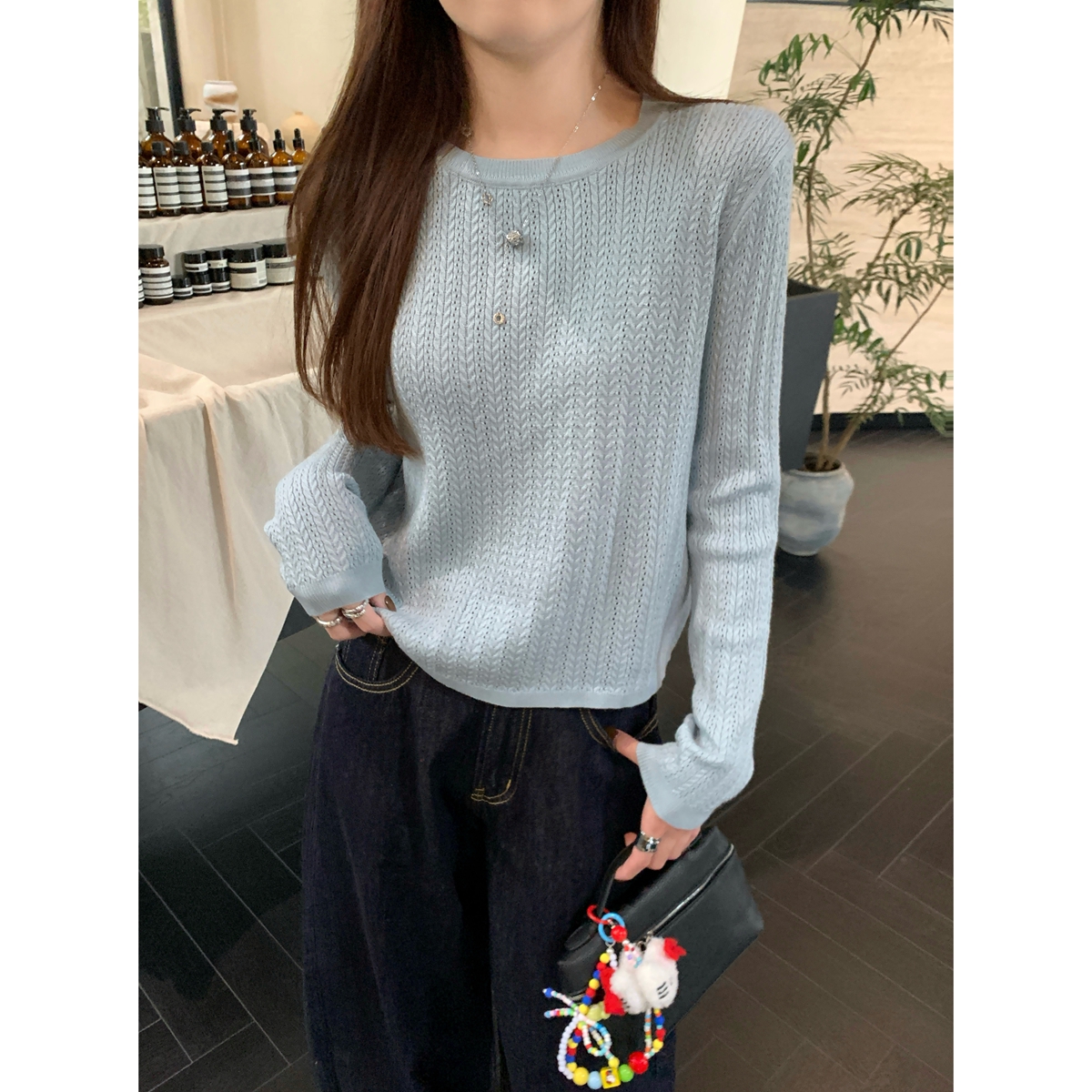 Real shot of Korean style autumn and winter temperament design 6 wool soft and waxy slim-fitting sweater bottoming long-sleeved sweater top