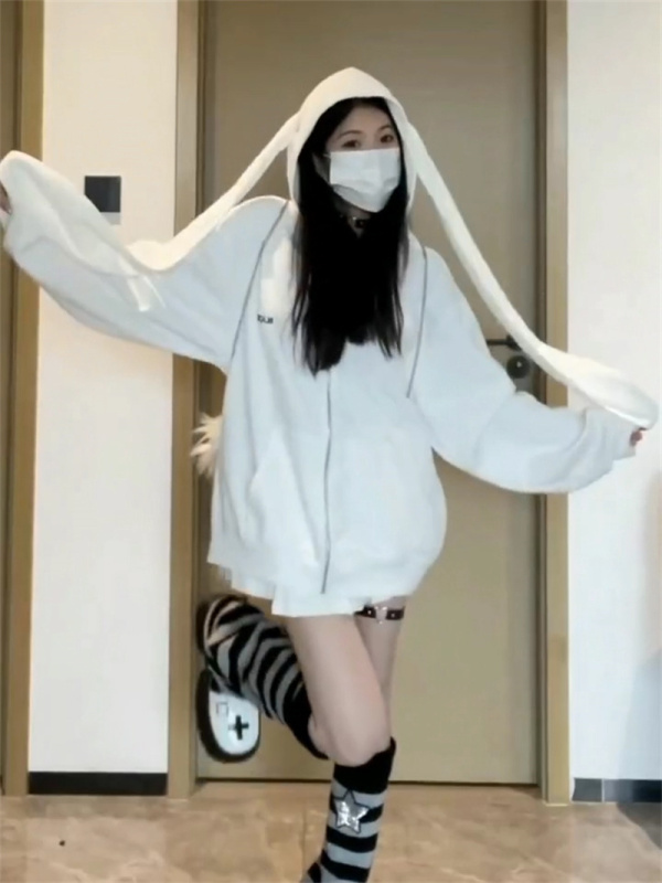 Back collar double-layer hood, non-balling, with cotton screw thread, imitation cotton Chinese cotton composite 310g thin sweatshirt for women with bunny ears