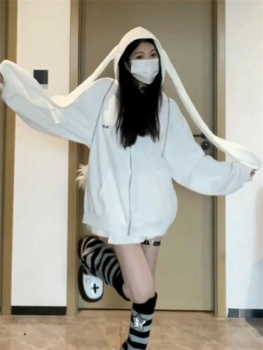 Back collar double-layer hood, non-balling, with cotton screw thread, imitation cotton Chinese cotton composite 310g thin sweatshirt for women with bunny ears