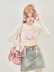 Early autumn dopamine outfit short slim long-sleeved T-shirt hot girl sweet and cute drawstring pullover bottoming shirt