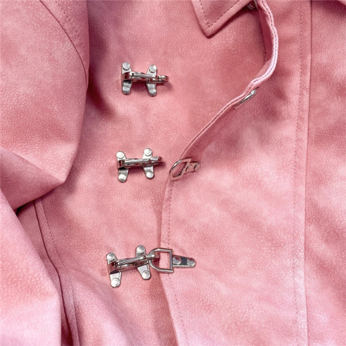 Leather lined American retro metal buckle lapel windbreaker jacket for women spring and autumn coat