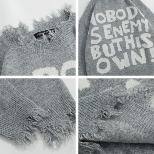 jerfuni ripped edges European and American high street letter sweater women's loose round neck bottoming sweater trendy brand