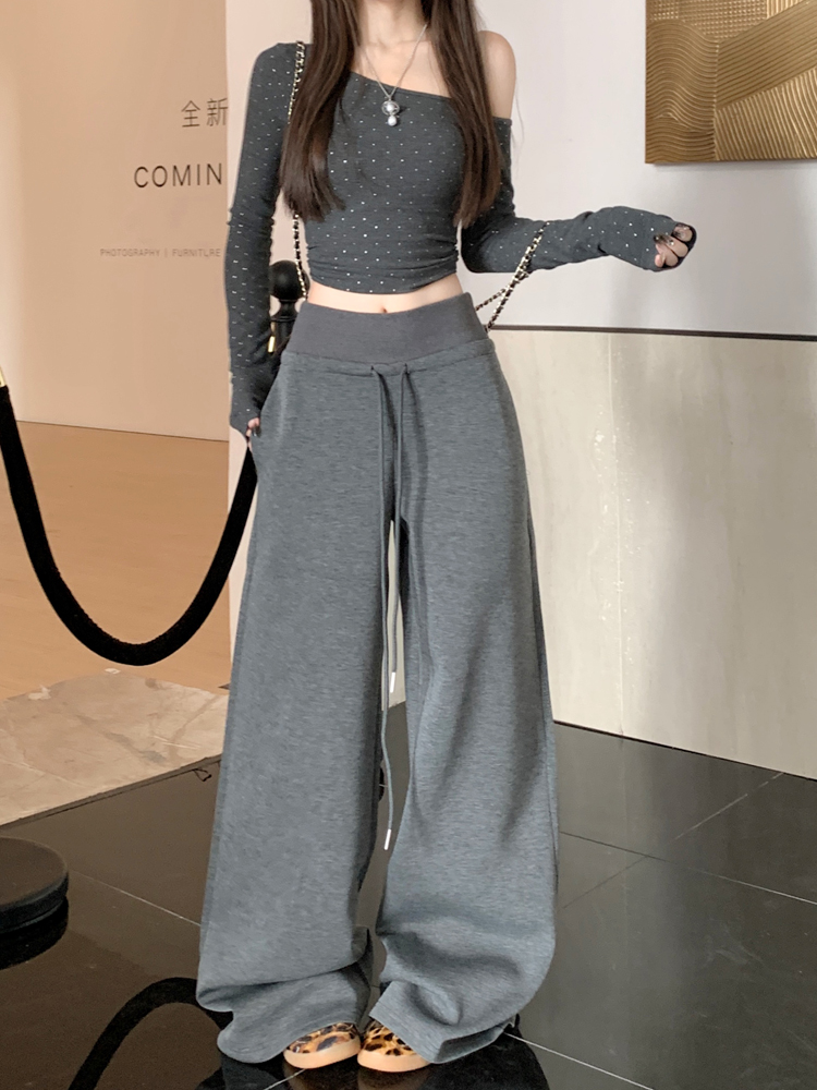 Real shot of lazy style gray casual pants autumn and winter tracksuit pants women's high waist straight leg pants wide leg pants long pants hanging pants 