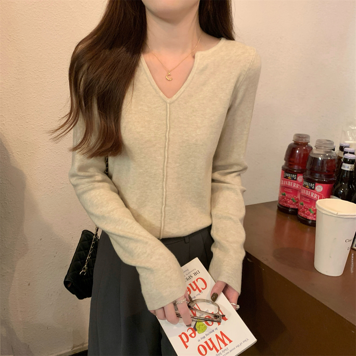 Actual shot of autumn and winter Korean version versatile half-open collar herringbone thick Andy velvet sweater long-sleeved bottoming sweater for women