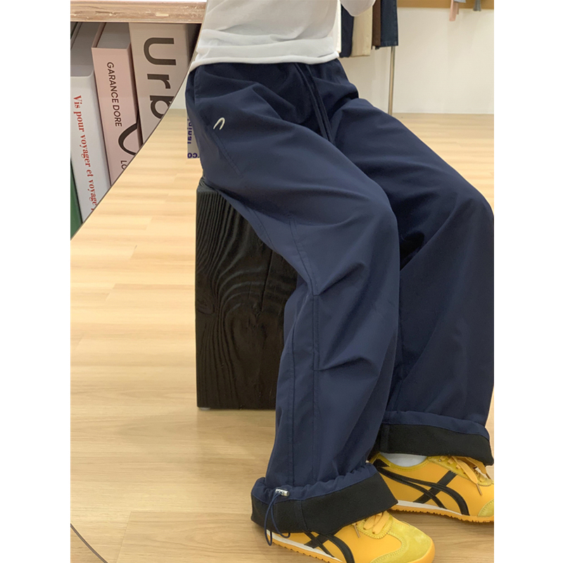 Cozy American Retro Navy Blue High-Waisted Casual Pants for Women Loose Harajuku Style Casual Pants
