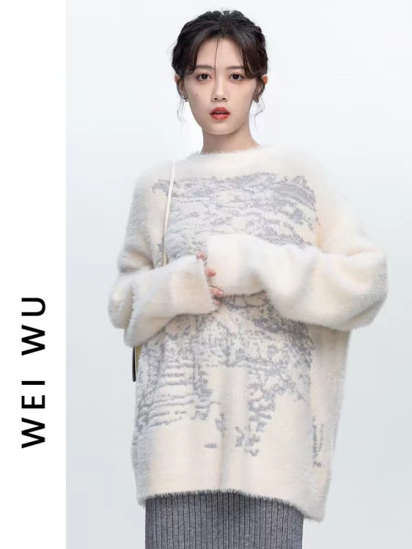 Round neck fufu plus velvet thickened mink velvet mid-length sweater for women winter new furry seahorse hair sweater