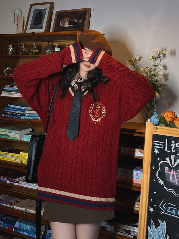 Retro lazy style embroidered V-neck knitted sweater women's autumn casual jacket trend