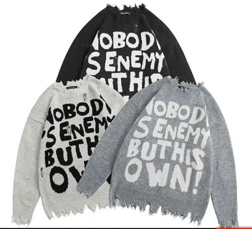 jerfuni ripped edges European and American high street letter sweater women's loose round neck bottoming sweater trendy brand