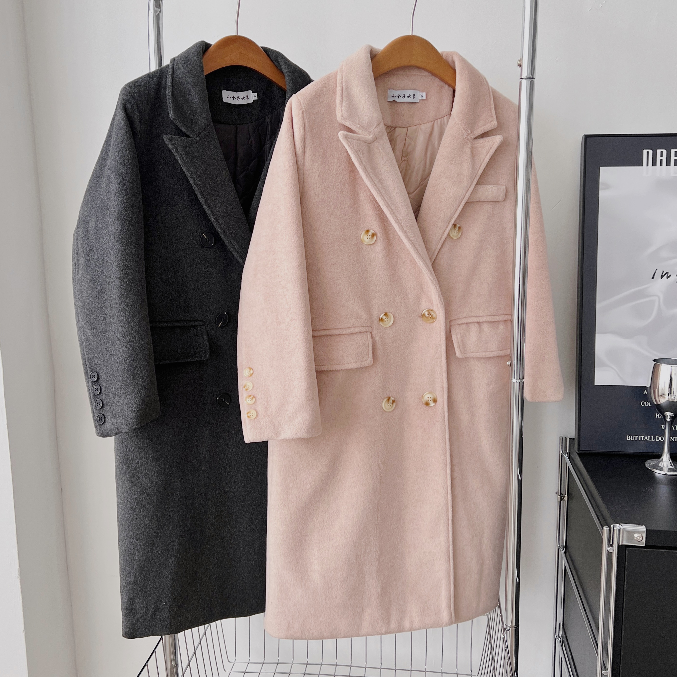 Women's 150cm Regular Shoulder length Hefben Pink Fleece Wool Coat with Medium Length XS Winter