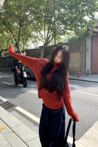 Actual shot~Autumn and winter Korean style loose turtleneck simple commuting casual versatile pit striped pullover bottoming sweater