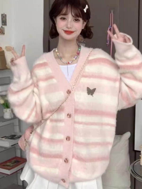 Pink striped v-neck knitted cardigan for women spring, autumn and winter new style loose lazy style soft waxy sweater jacket top thick