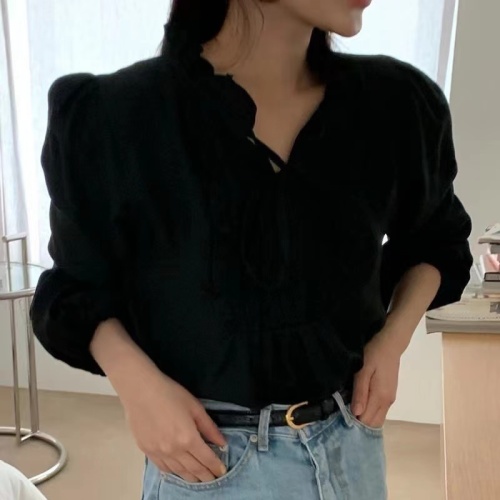Korean chic autumn gentle temperament V-neck tie splicing wood ear design puff sleeve loose solid color shirt