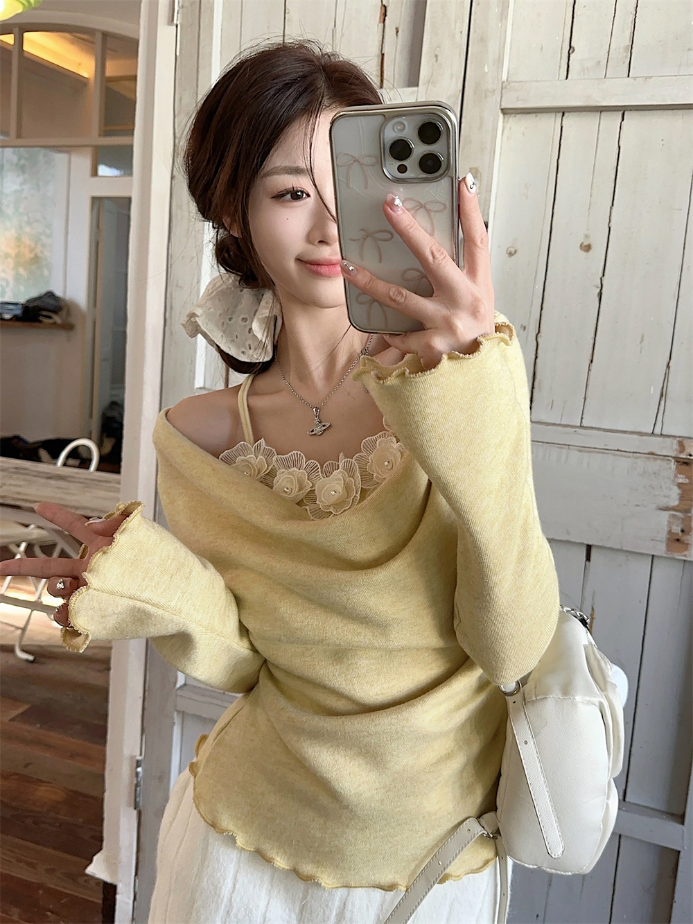 Real shot~ Underwear shirt winter multi-wear method bottom hem ruffle collar handmade flower top knitwear 
