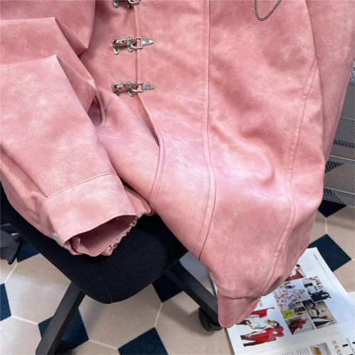 Leather lined American retro metal buckle lapel windbreaker jacket for women spring and autumn coat