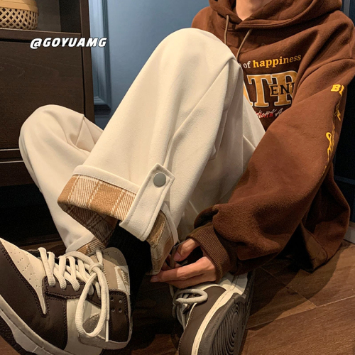 Thin, velvet cuffed plaid casual sports pants for women, autumn and winter new student Korean style wide-leg pants