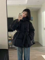 韓版休閒時尚百搭黑色羽絨服女冬季收腰高端棉服顯瘦厚外套