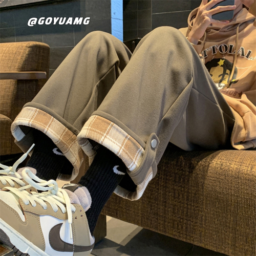 Thin, velvet cuffed plaid casual sports pants for women, autumn and winter new student Korean style wide-leg pants