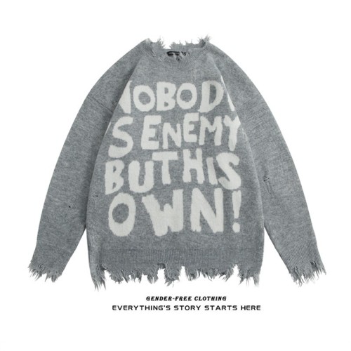 jerfuni ripped edges European and American high street letter sweater women's loose round neck bottoming sweater trendy brand