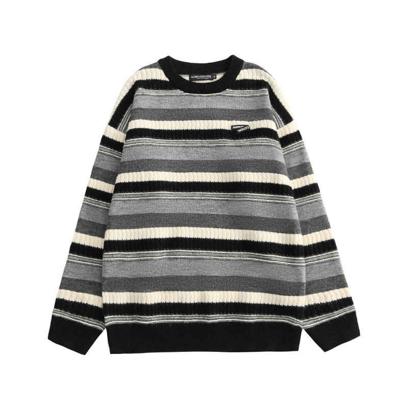 American retro striped round neck sweater for women and men, trendy brand lazy style loose couple bottoming sweater