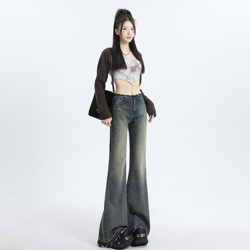 American retro micro-flared jeans for women in autumn new style with raw-edge waistband and floor-length wide-leg pants