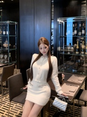 Actual shot of luxurious, exquisite and heavy-duty hand-stitched soft and waxy mink wool knitted top jacket + hip-covering skirt suit