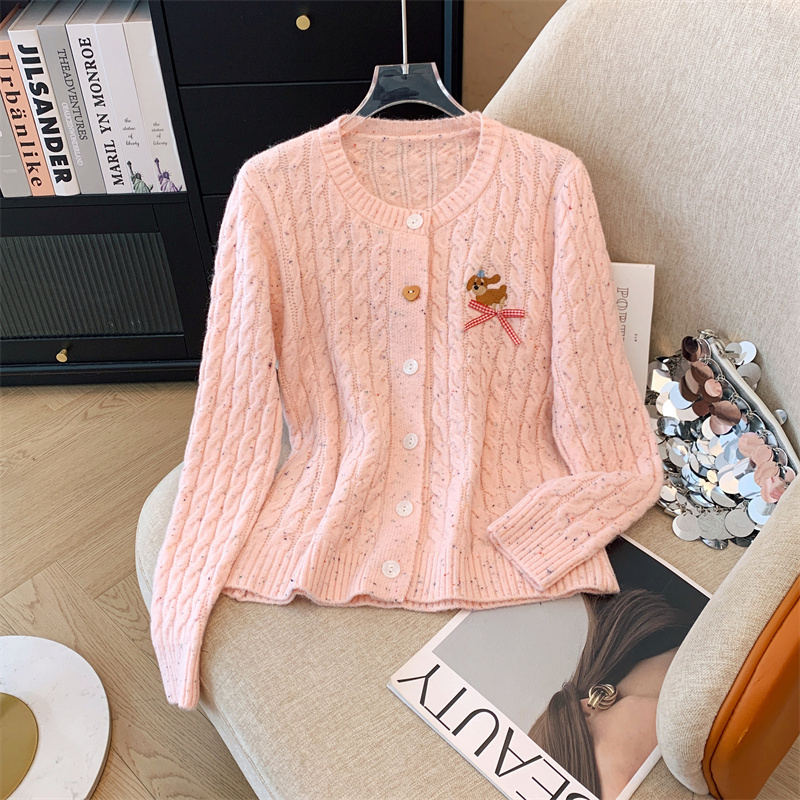 College style outer sweater jacket, sweet and cute pink twist knitted cardigan for women in autumn and winter