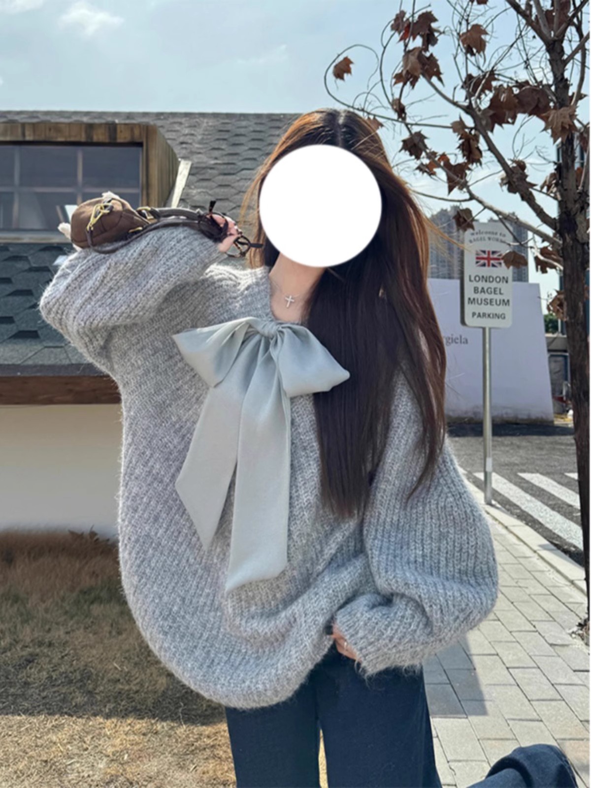Korean Sweetness Butterfly Knot Strap Gray Women's Autumn/Winter New Soft and Lazy Style Loose Hooded Knit Sweater