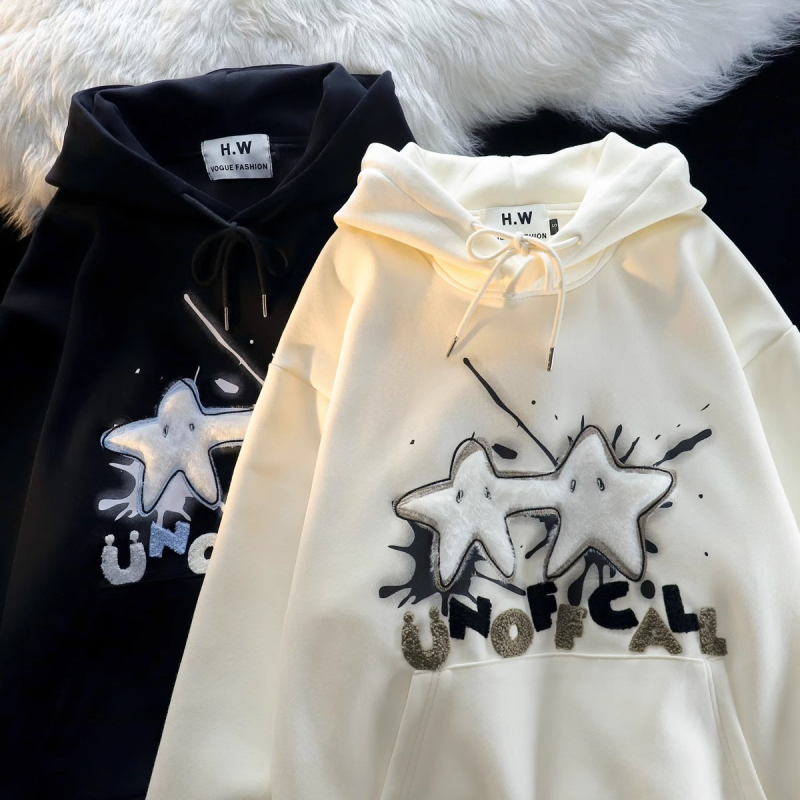 310 grams Chinese cotton composite milk silk back collar + printing + flocking embroidery star hooded sweatshirt for women in autumn